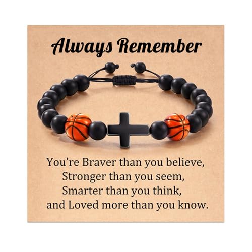 Men's Cross Bracelet Football Baseball Basketball Soccer Sports theme Bracelet Beaded Balls Black Birthday Christmas Bangle Gifts for Player Son Grandson Team Friends Fan with Message Card (Basketball)