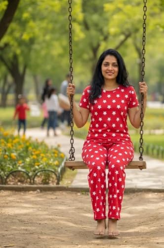 Image of Women's Night Dress | Printed Cotton Night Suit | Pyjama Set with Top and Bottom | Sleepwear | Ladies Night Dress | Casual Nightwear with Pocket | T-Shirt and Pant | Co-ord Set