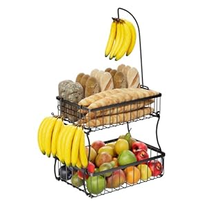 Simple Trending 2-Tier Fruit Basket with Banana Hangers, Fruit Bowl for Kitchen Countertop Metal Wire Detachable Vegetable Storage Organizer for Bread Snack Produce, Black