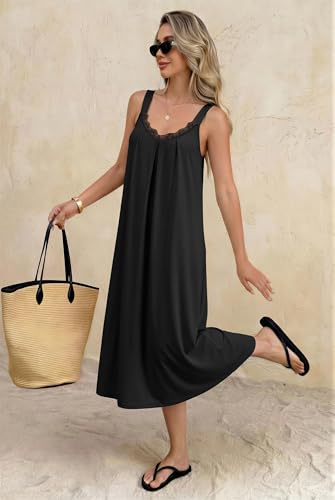 Ekouaer Sleeveless Nightgowns for Women Lace V-neck Long Nightdress Wide Strap Sleepwear Soft Lounge Dresses, Black, M — view 4