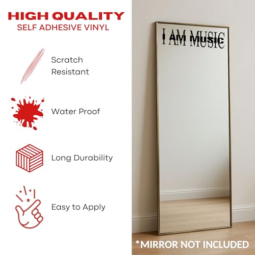 Image of Sticker for Glass & Mirrors| Minimal Vinyl Decal for Bedroom Bathroom & Cafe | Self-Adhesive Waterproof Quote Aesthetic Mirror Sticker | No Mirror Included (I Am Music, Large, Matt Black)