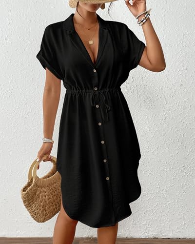 Bsubseach Women 2025 Swimsuit Coverup Button Bathing Suit Cover Ups Short Sleeve Shirt Cover Up Dress Beach Dress4