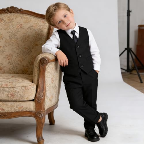 Image of Baby Boy Formal Suit for Toddler Infant Tuxedo Dress Suits | Little Gentleman, Wedding Ring Bearer Outfit, Vest Pants Long-Sleeve Shirt Tie, Birthday Party Christmas Prom, Classic