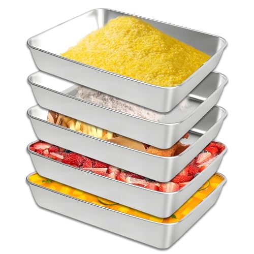 JSUOEO 5 Stück Panierschalen Set, 25x20x5cm Panierstrasse Edelstahl Schale Rechteckig Behälter Backblech Panierstraße Schnitzel Metallschale für Panieren Fisch Fleisch Gemüse