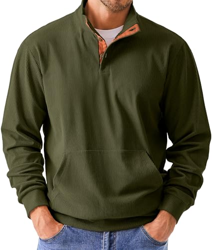 JMIERR Mens Warm Corduroy Sweatshirt Casual Stand Collar Quarter Fall Metal Button Pullover Sweaters Long Sleeve with Pockets3