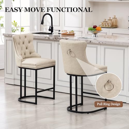 Image of UVV Counter Height Bar Stools Set of 4, 26 inch Modern Barstools with Back, Faux Leather Upholstery Counter Chairs with Metal Legs for Kitchen Island, Bar, Counter, Beige