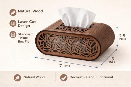 Image of Premium Wooden Tissue Box Cover for Table - Laser Cut Floral Design Napkin Holder, Decorative Rectangular Tissue Dispenser Case for Living Room, Dining Table & Office Desk Decor (Brown)
