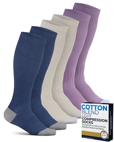 Pembrook Light Compression Socks for Women Cotton - 3 Pairs | 8-15 mmhg Compression Socks Women, Knee High Comfort and Fatigue Relief | Cream, Blue, Rose