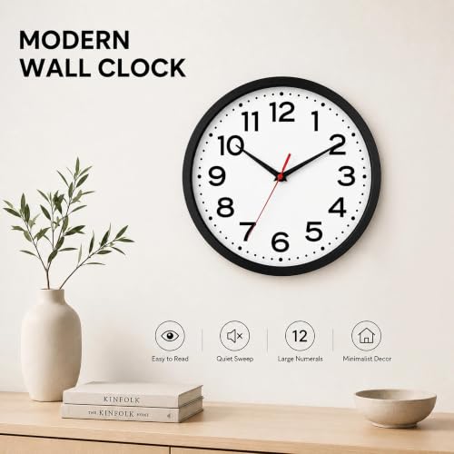 Image of Roymnie 14 Inch Wall Clock, Battery Operated Silent Non Ticking Black | analog wall clock; bold numerals for easy reading; silent non-ticking; 1 AA battery (not included); for classroom