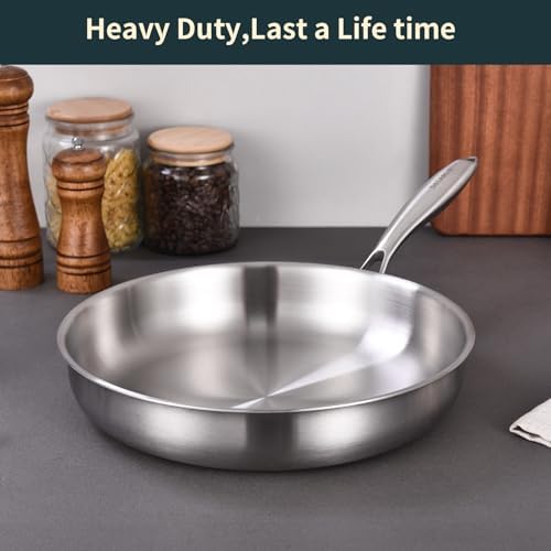 DELARLO Full Clad Tri-Ply Stainless Steel Frying Pan 10 inch, All Stove Compatible Up to 600℉, Heavy Duty, Oven Safe Skillet, 18/10 Cooking Pan, Chef's Pan for Kitchen, Omelette Pan, Flat Bottom - Thumbnail 5