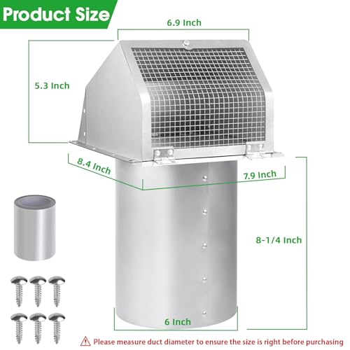 Image of 6 Inch Wall Vent Cover,Exterior Wall Vent Hood with Screen and Damper Exhaust Dryer Vent Cover Outside,External Extractor Wall Exhaust Vent Cap for Range Hood Kitchen Outdoor Air Vent,Stainless Steel