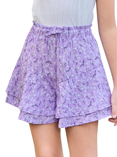 Girls Floral Skirts Kids Fashion Elastic High Waist Ruffle Flowy Shorts with Drawstring 5-14 Years Purple