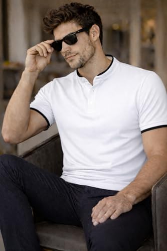 Image of Dagcros Men Polo T-Shirt, with White Trim, Short Sleeve, Button Collar Tshirt for Mens