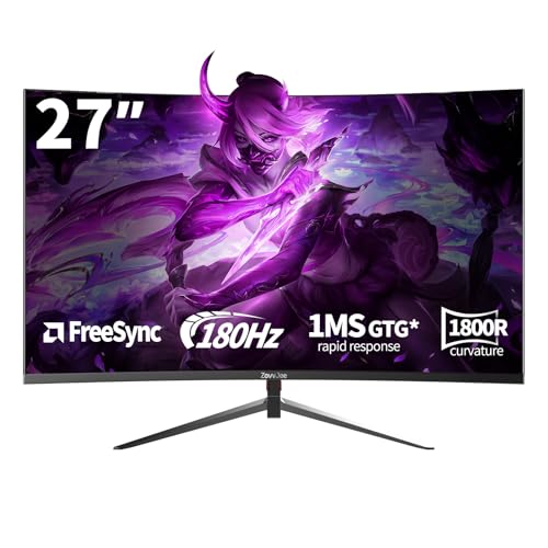 ZovvJee 27 Inch Curved Gaming Monitor180Hz, FHD 1080p 1ms Response, FreeSync, 98% sRGB, Ultra-Thin Bezel, 178° Viewing Angle, HDMI/DisplayPort, Mural 100x100mm - Black