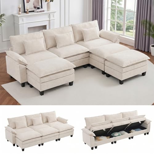 Image of IPKIG 117 inch Modular Cloud Couch with Storage, C Shaped Sectional Sofa | 3 Seater White Chenille Deep Seat Sectional Couches with Ottoman and Pillow for Living Room, Apartment