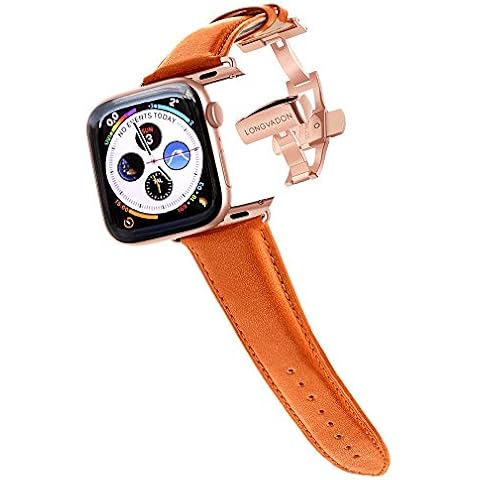 Longvadon Men's Classic Series Watch Band - Compatible with Apple Watch 38MM (Series 1-3), 40MM (Series 4-6) & 41MM (Series 7-8) - Genuine Full Grain Leather - Whiskey Brown with Gold Details - M Size Cover