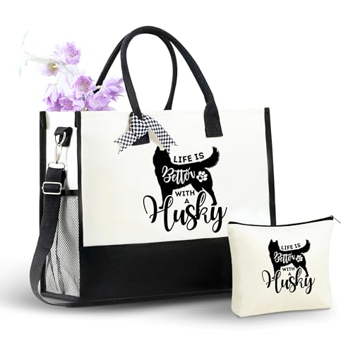 Bolso tote de lona InnoBeta Husky con cierre de cremallera superior y correa para hombro, ideal para cumpleaños, Navidad y ocasiones especiales miniatura 1