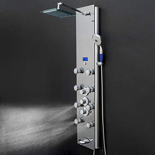 AKDY 52 Inch Tempered Glass Shower Panel Rainfall Adjustable Shower Head Temperature Display 4-Spray Function Handheld ShowerHead tub spout (Mirror Silver)