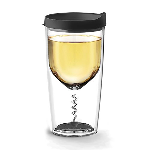Asobu Vino2Go Insulated Wine Bottle Opener Cup with Corkscrew, 12 oz, Black