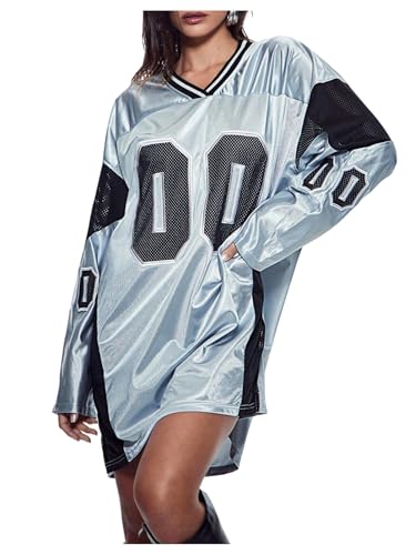 SHENHE Women's Y2k Oversized Jersey Shirt V Neck Long Sleeve Number Print Baggy Shirt Tee