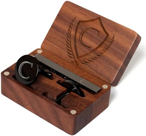Mens Initial Cufflinks and Tie Clip A-Z Alphabet Letter Black Sta...