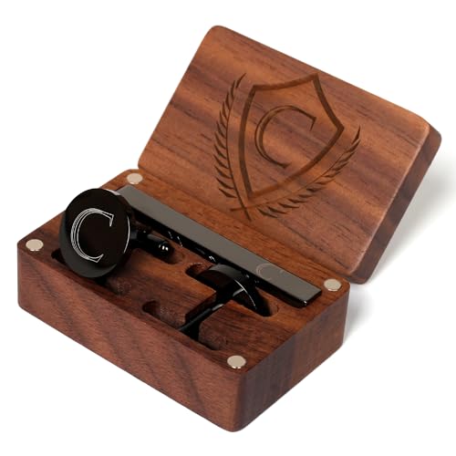 Image of Mens Initial Cufflinks and Tie Clip A-Z Alphabet Letter Black Stainless Cuff Links Tie Bar with Engraved Walnut Wood Box Groom Groomsman Wedding Set