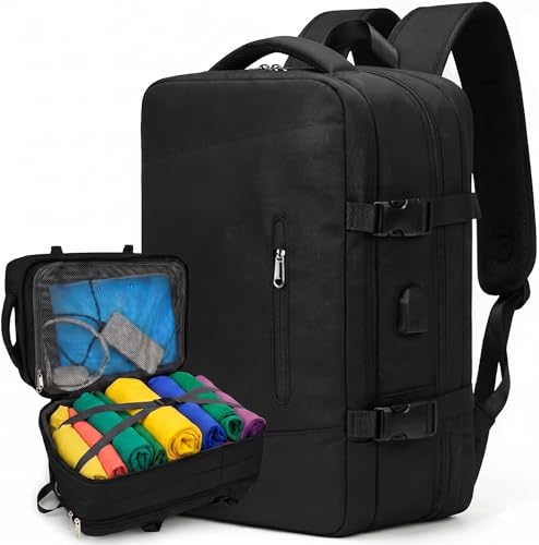 Mochila de Viagem Expansível 40L, Bagagem de Mão 10kg, Impermeável, com Porta USB e Compartimentos Internos, para Escola, Trabalho e Notebook