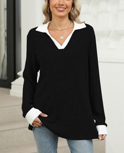 BAISHENGGT Women's Contrast Collared Shirts Casual Long Sleeve Ribbed Fall Tops Lightweight Tunic Sweaters3