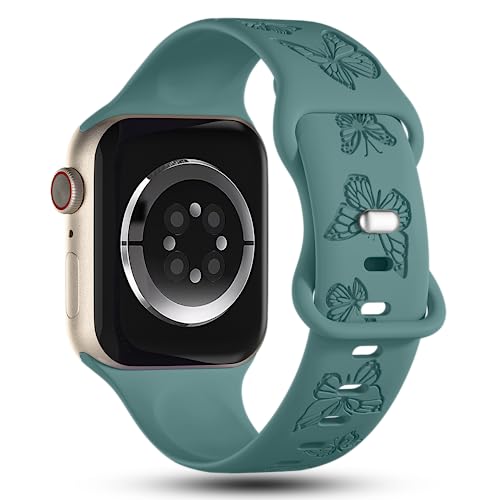 Image of Butterfly Engraved Bands Compatible with Apple Watch Band 41mm 40mm 38mm 49mm 46mm 49mm 46mm 45mm 44mm 42mm Women, Silicone Sport Strap for iWatch Series SE 10 9 8 7 6 5 4 3 2 1 SE Ultra