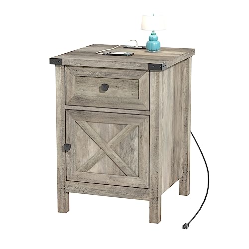 Rustic Nightstand with Charging Station, Night Stand with Barn Door and Drawer, Storage Bedroom Living Room Bedside Table Farmhouse End Table Industrial Bedside Table with USB Ports and Outlets,Grey