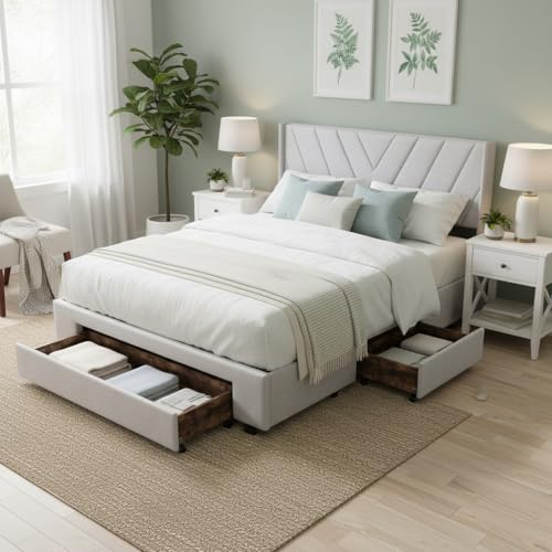 RXMORI Polsterbett 160x200 mit 3 Schubladen, Doppelbett mit Stauraum und Lattenrost,Stauraumbett,Jugendbett,Bett,Leinen Bettgestell,Ohne Matratze (Beige E, 160x200cm)