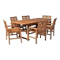 Walker Edison AZW7TXVINBR 6 Person Outdoor Wood Chevron Patio Furniture Dining Set Extendable Table Chairs All Weather Backyard Conversation Garden Poolside Balcony, 7 Piece, Brown