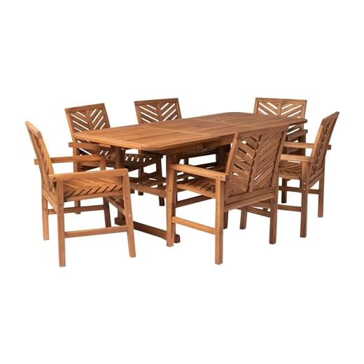 Walker Edison AZW7TXVINBR 6 Person Outdoor Wood Chevron Patio Furniture Dining Set Extendable Table Chairs All Weather Backyard Conversation Garden Poolside Balcony, Brown