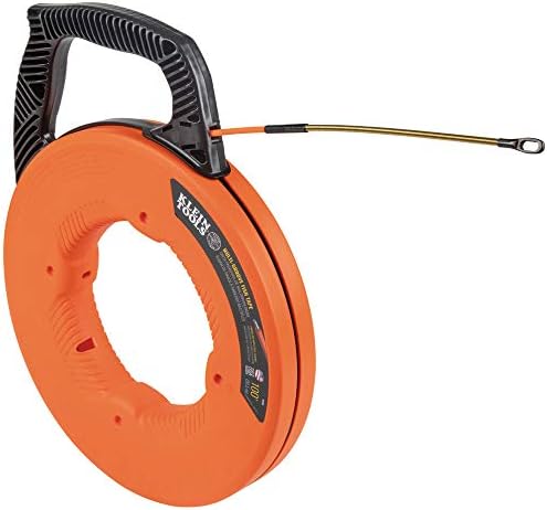 Klein Tools 56380 Non-Conductive Electrical Fish Tape, Multi-Groove Fiberglass Wire Puller with Steel Leader, 100-Foot x 3/16-Inch,Orange/Black