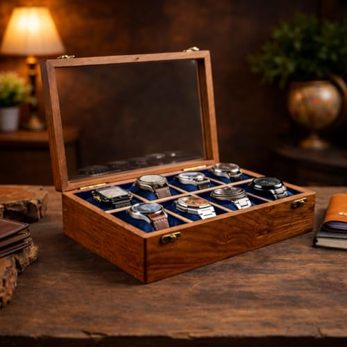 Image of Royal Craft Expertise Mens Watch Box,Watch Display Case,Indian Rosewood Watch Box Case Organizer For Men,Velvet Lining Glass Lid,Solid Gift For Him,Made For Special Occasions|Heavy And Solid Wood