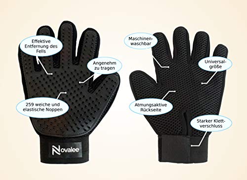Novalee Haustier Bürsten Handschuh (schwarz) für Hund, Katze & Pferd Fellpflege-Handschuhe Massage und Tierhaar-Entfernung
