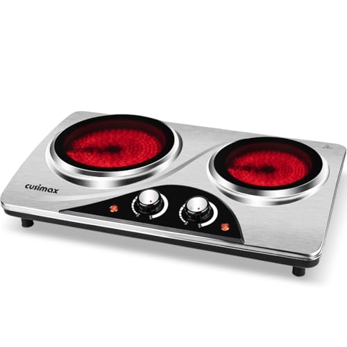 Image of Hot Plate, CUSIMAX 1800W Infrared Burners Electric Ceramic Stove, Double Burners Hot Plates for Cooking, Portable Countertop Cooktop Glass Heating Plate