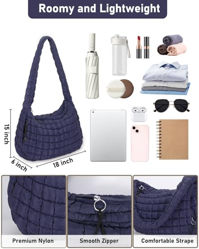 Image of Large Quilted Puffer Tote Bag for Women with Mini Pouch Puffy Crossbody Bags Purse Hobo Puff Shoulder Carryall Gym Travel