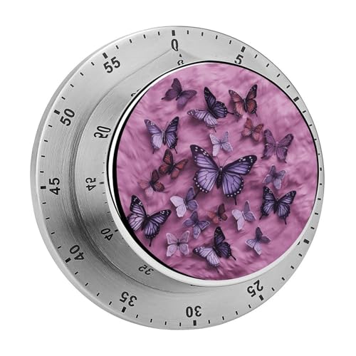 Kitchen Timer Magnetic Stainless Steel Countdown Timer Mechanical Timer Clock with Alarm for Home Baking Cooking Oven All Butterflies are on Purple Background
