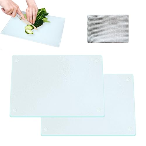 KBIBCK 2PCS Tempered Glass Cutting Board with Rubber Feet, Glass Chopping Board, Rectangle Non-Slip Chopping Board with Scouring pad for Kitchen Countertop, Baking, Vegetable Preparation(20 x28CM)