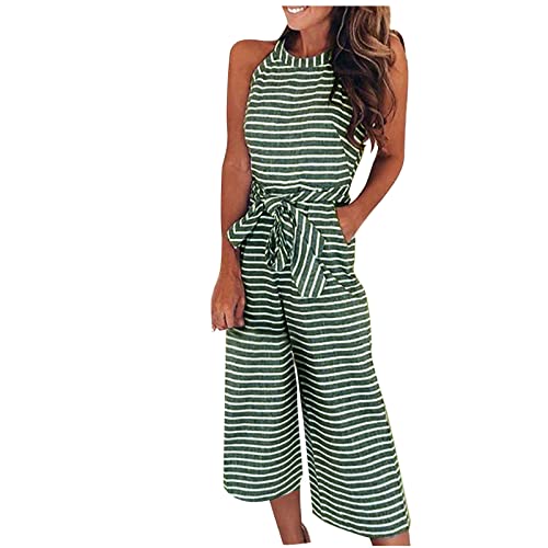 Striped Jumpsuit for Women UK Elegant,Ladies Dungarees Elegant Wedding Holiday Halter Neck Wide Leg Stretchy Jumpsuits Sleeveless Party Rompers Summer Ladies Playsuit with Pockets Clearance Green