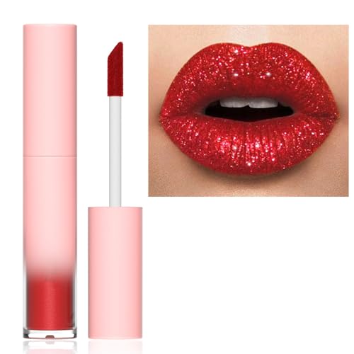 Glitter Lip Gloss, Bright Red Lipstick, Plumping Diamond Sparkly Lipgloss, Shimmer Metallic Long Lasting Liquid Lipstick, Non-stick Cup High Pigmented Lip Gloss Makeup Gift for Women Girls
