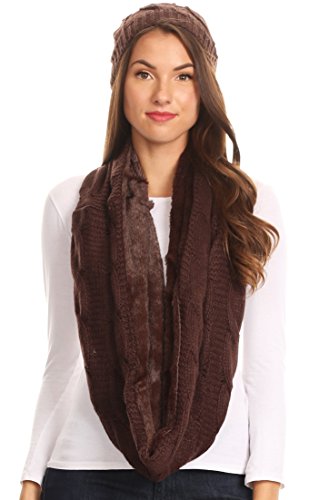 Sakkas 16138 - Conjunto de bufanda y sombrero de Olliey Long Wide Classic Knit forrado en piel Infinity - Chocolate - OS