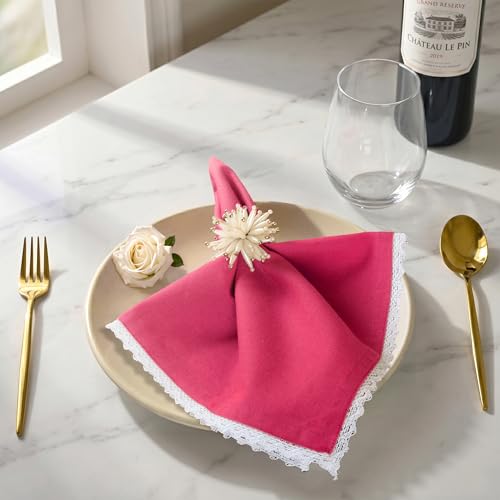 Image of FINGERCRAFT Cloth Napkins Set of 6, 20x20 Inch Cotton Linen Blend Dinner Napkins Lace Trim, Reusable Washable Table Napkins for Wedding, Farmhouse Dining, Parties & Home Decor (Fuchsia)