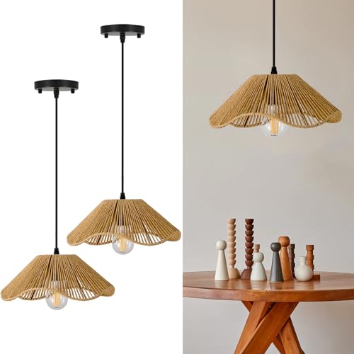 TERLEENART Hard Wired Rattan Pendant Lights Set of 2,Kitchen Island