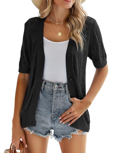 Image of Zeagoo Women's Short Sleeve 2026 Summer Crochet Cropped Cardigan V Neck Button up Bolero Shrug Sweater