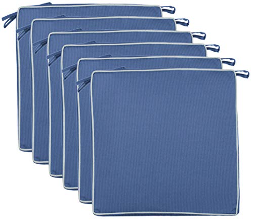 Brandsseller Set de 6 Cojines de Asiento 40x40x4 cm – Cojine para Silla Repelente al Agua y Las Manchas con Cintas de Sujeción y Ribete – Interior y Exterior – Cocina,Terraza, Jardín – Azul