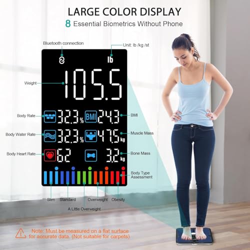 ABLEGRID Body Fat Scale,Digital Smart Bathroom Scale for Body Weight,Large Color Display Screen,16 Body Composition Metrics BMI,Water Weigh,Heart Rate,Baby Mode,400lb,Rechargeable
