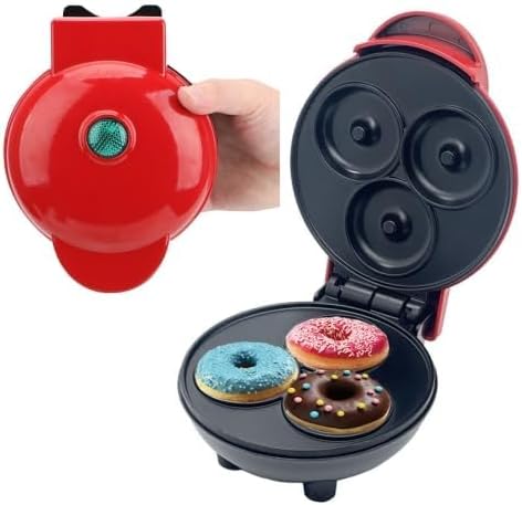 Mini Donut Maker Machine For Kid-Friendly Breakfast, Snacks, Desserts & More With Non-Stick Surface, Makes 3 Doughnuts, 350 Watt, Red