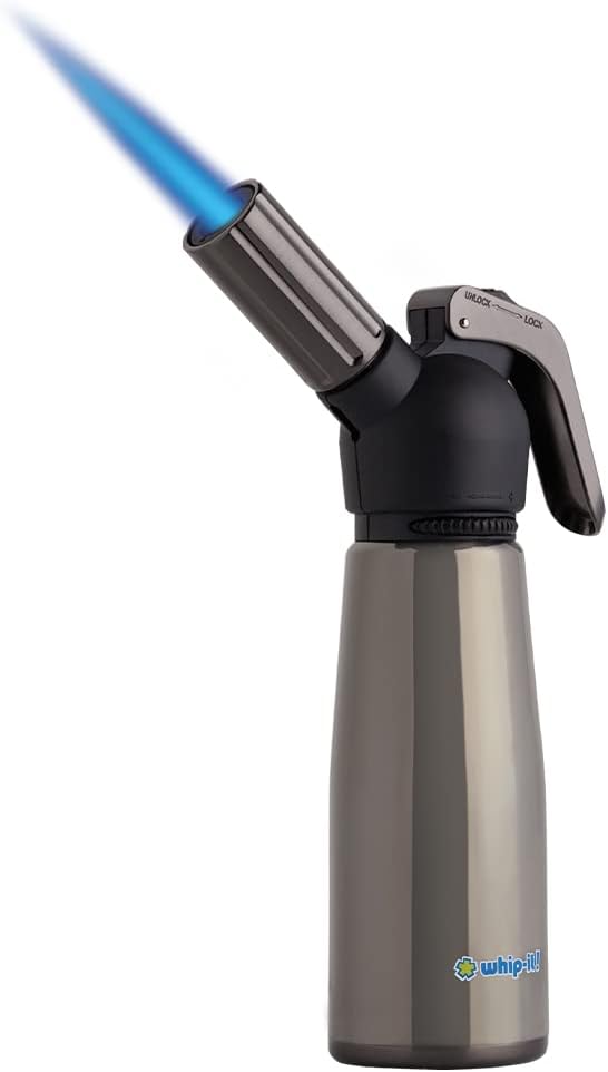 Motif Torch, Black & Black Chrome. Butane Torch Lighter, Refillable Cooking Torch with Adjustable Flame, Safety Lock for Soldering, Kitchen, Welding